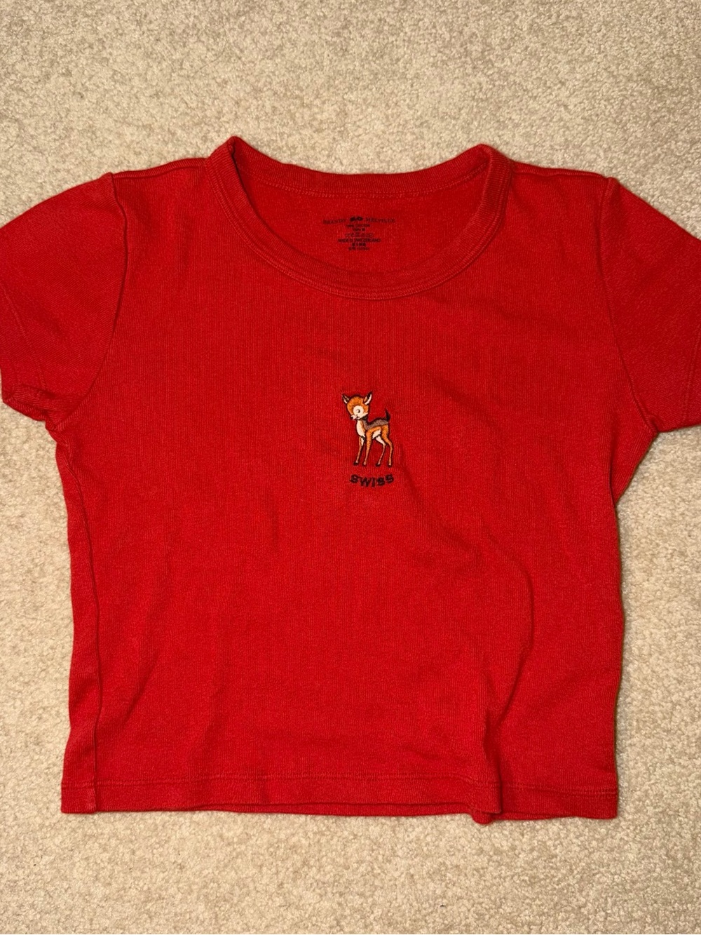 Brandy Melville Red Short-Sleeve Cropped Tee with Deer Embroidery